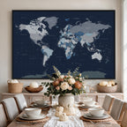Blue Detailed World Map Wall Art Canvas Print | Modern Framed Map