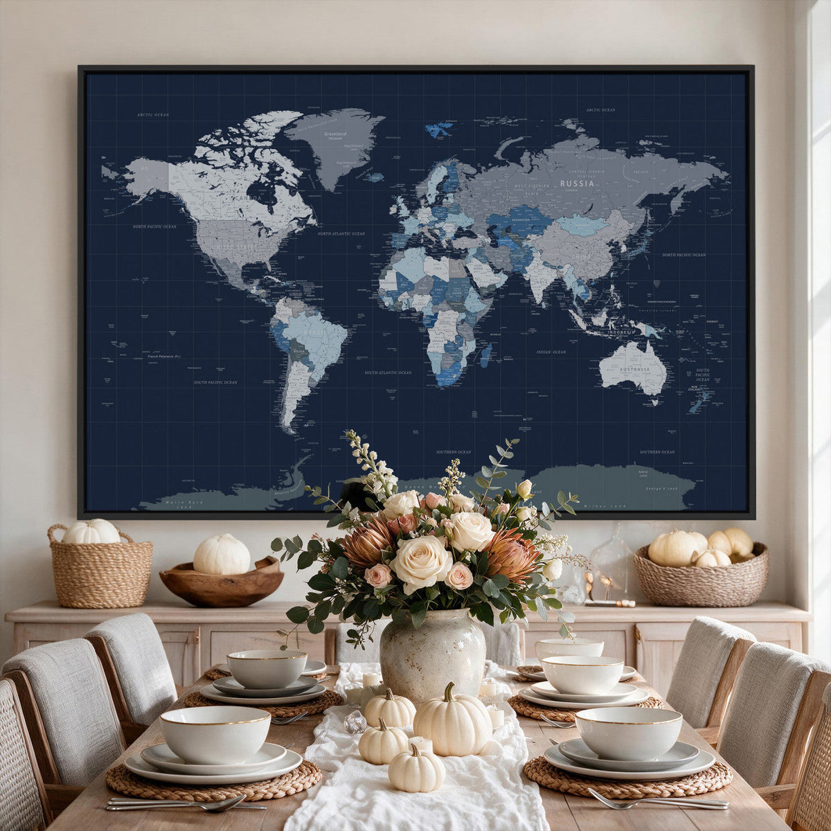 Blue Detailed World Map Wall Art Canvas Print | Modern Framed Map