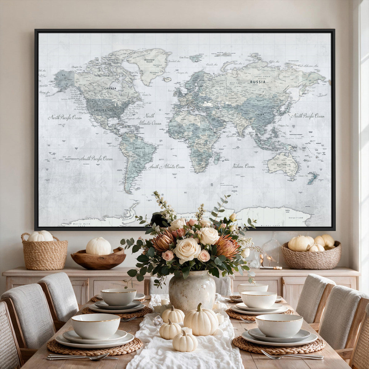 Push Pin World Map Canvas Print - Detailed Vintage World Map