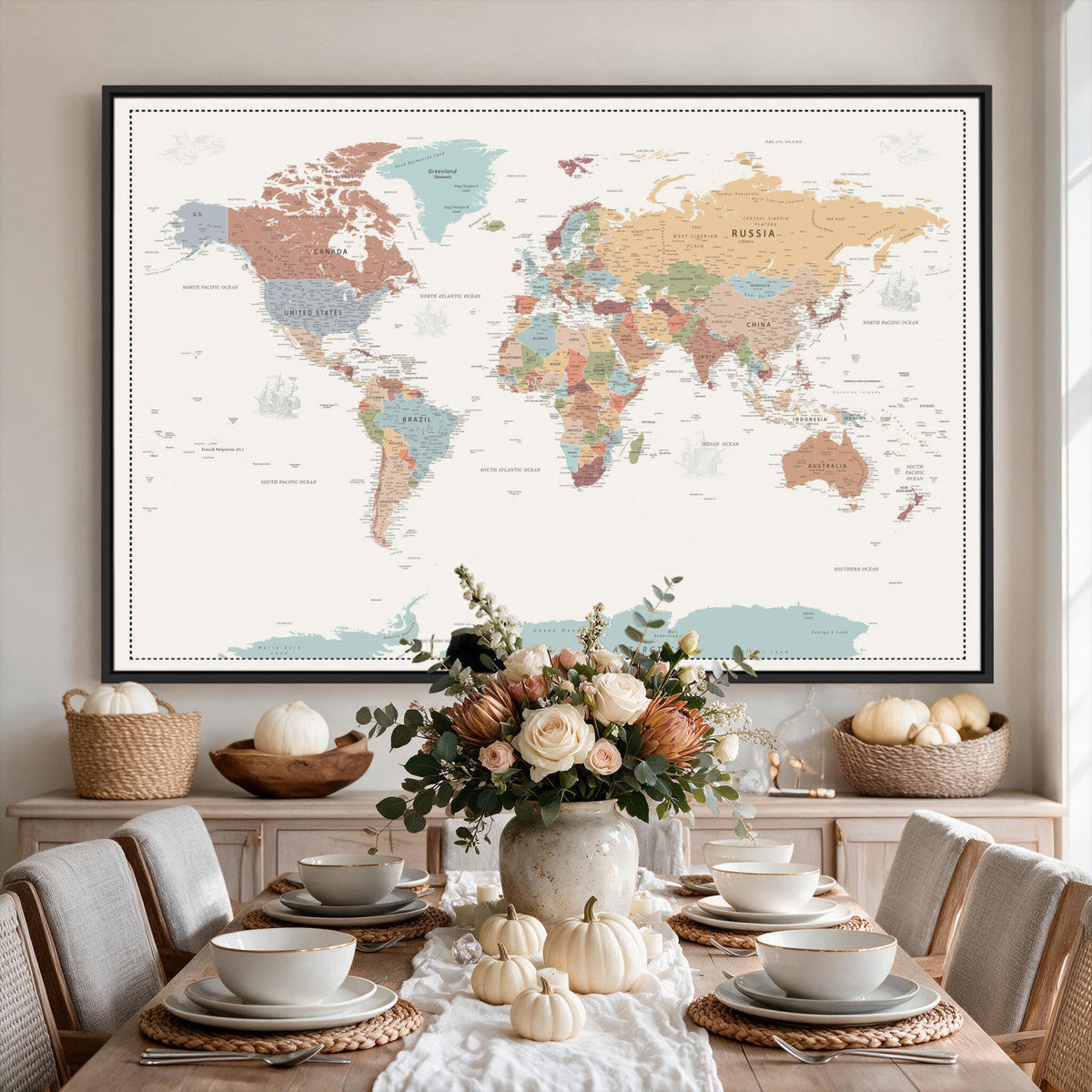 Pastel Colors World Map Wall Art Canvas Print
