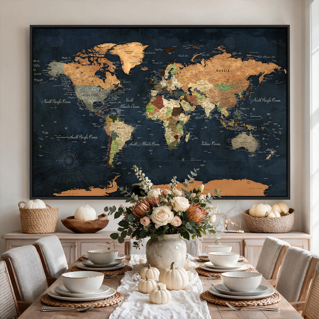 Vintage World Map Canvas Wall Art | Detailed Map with Countries, Oceans and Continents