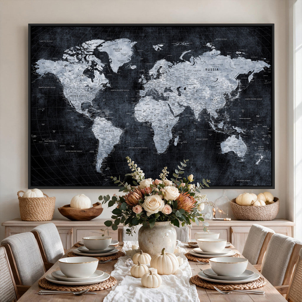 Black World Map Canvas Print | Detailed Map for Couples and Anniversary Gift