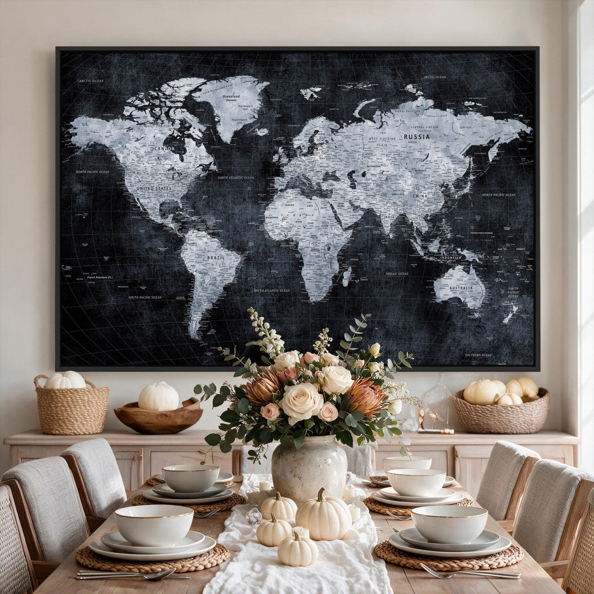 Black World Map Canvas Print | Detailed Map for Couples and Anniversary Gift