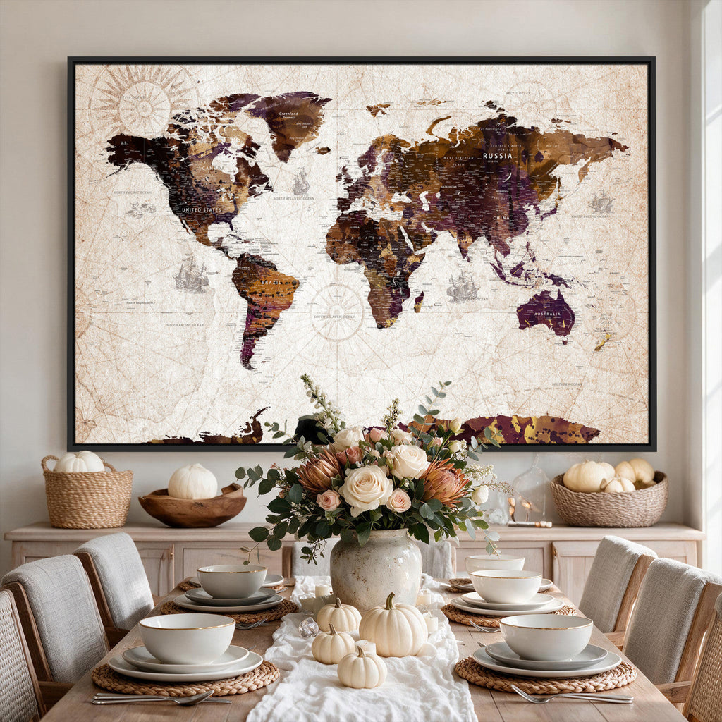 Blue Watercolor World Map Canvas Print | Framed Modern Wall Art