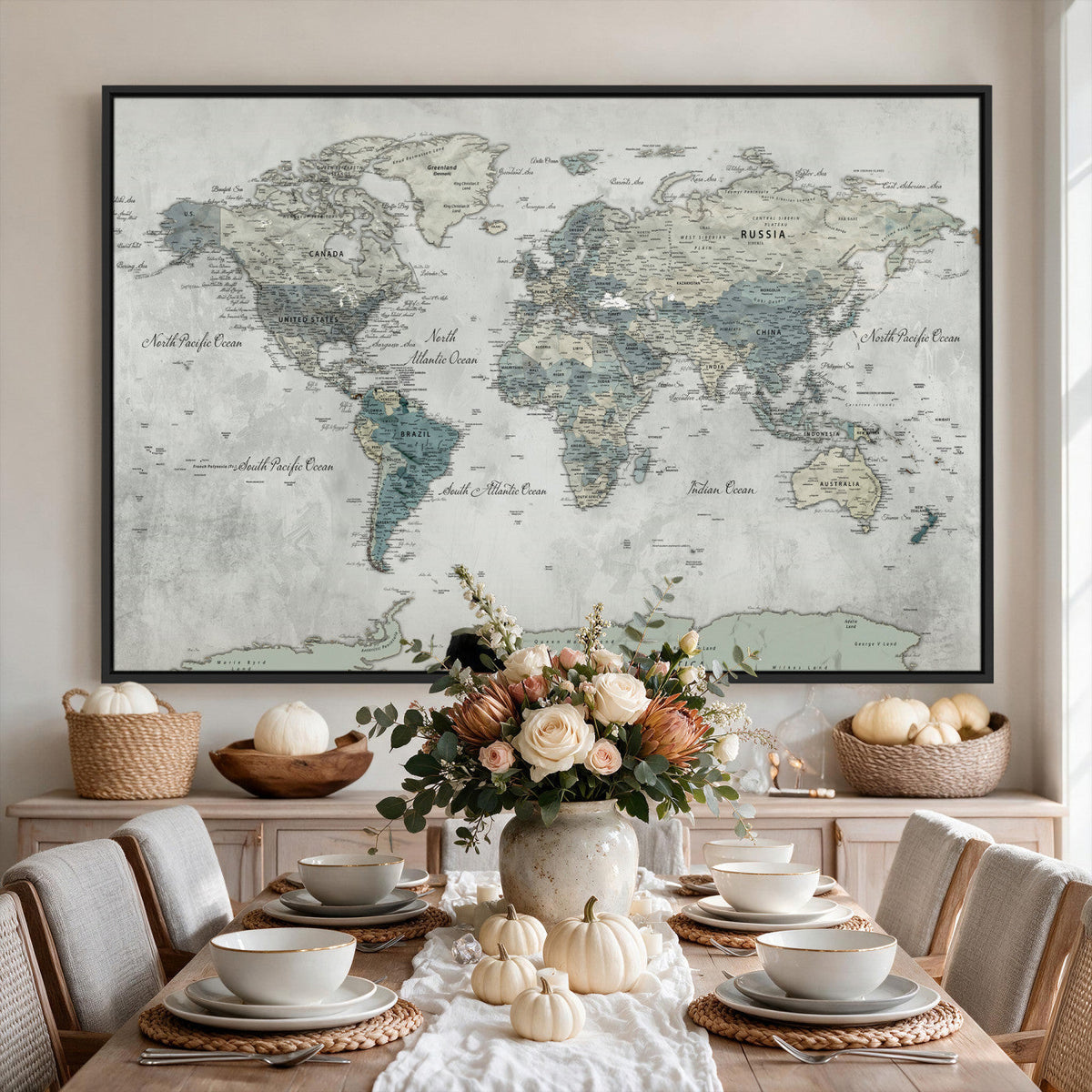 Neutral Vintage World Map Canvas Wall Art Print, Classic Map Artwork