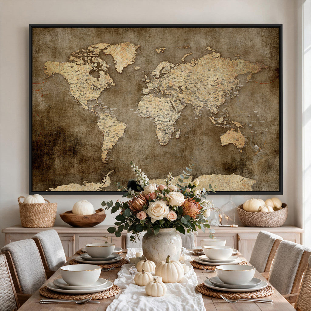 Dark Vintage World Map Canvas Wall Art Print, Antique Map Artwork