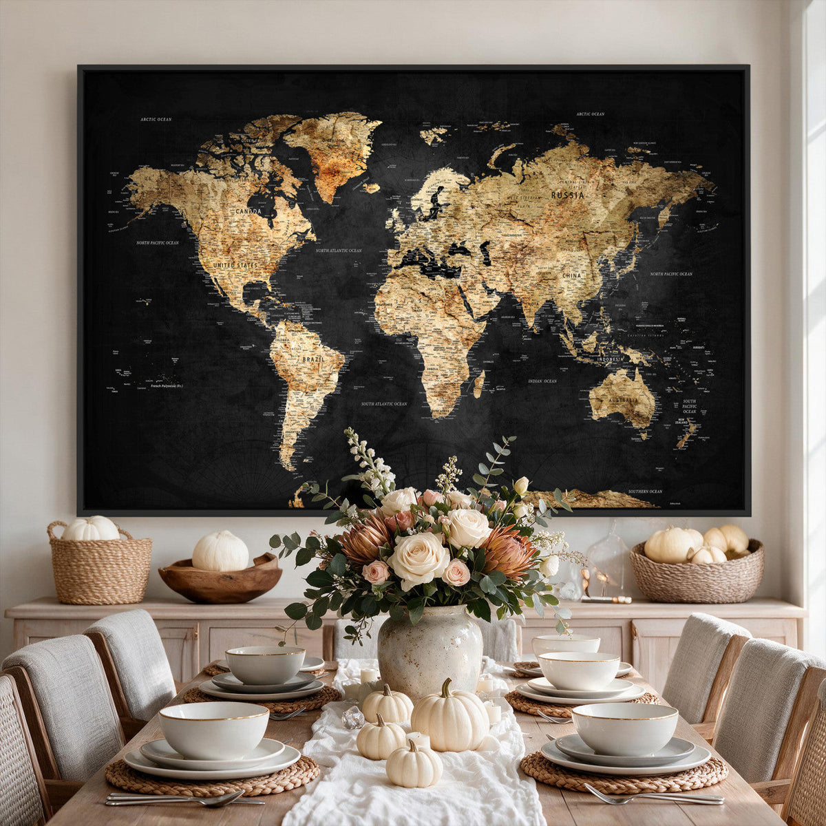 World Map Canvas Wall Art with Famous Landmarks | Framed Travel Map