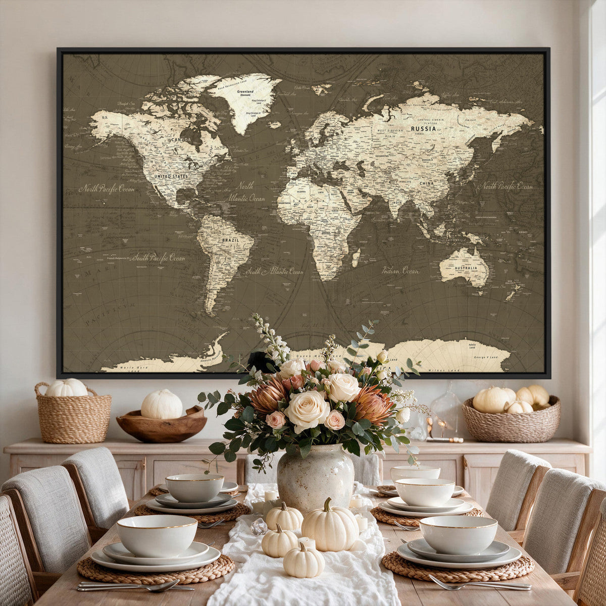 Vintage World Map Canvas Print | Framed Travel Map Wall Art for Couples