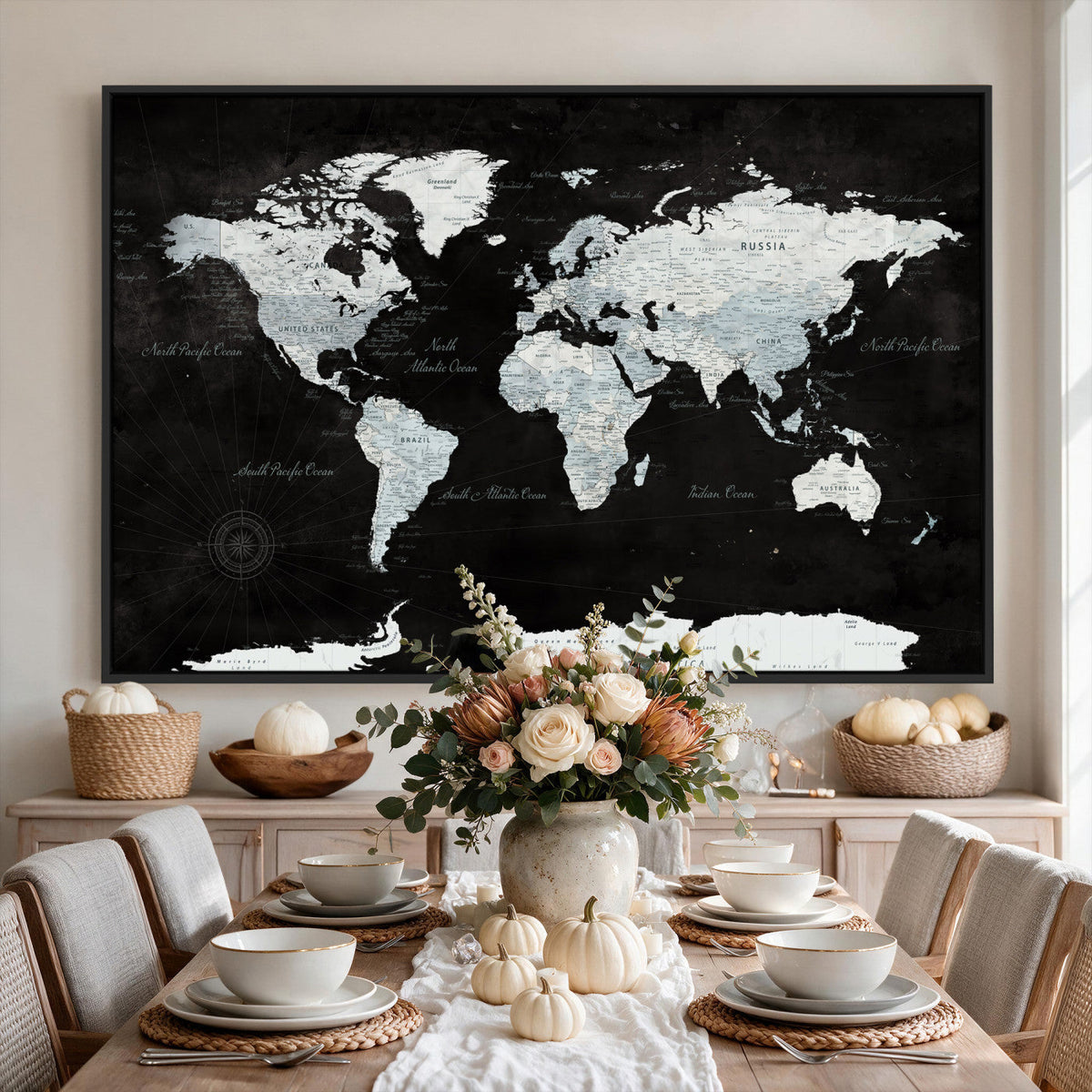 World Map Canvas Print | Framed Push Pin Wall Art, Color Splash Travel Map