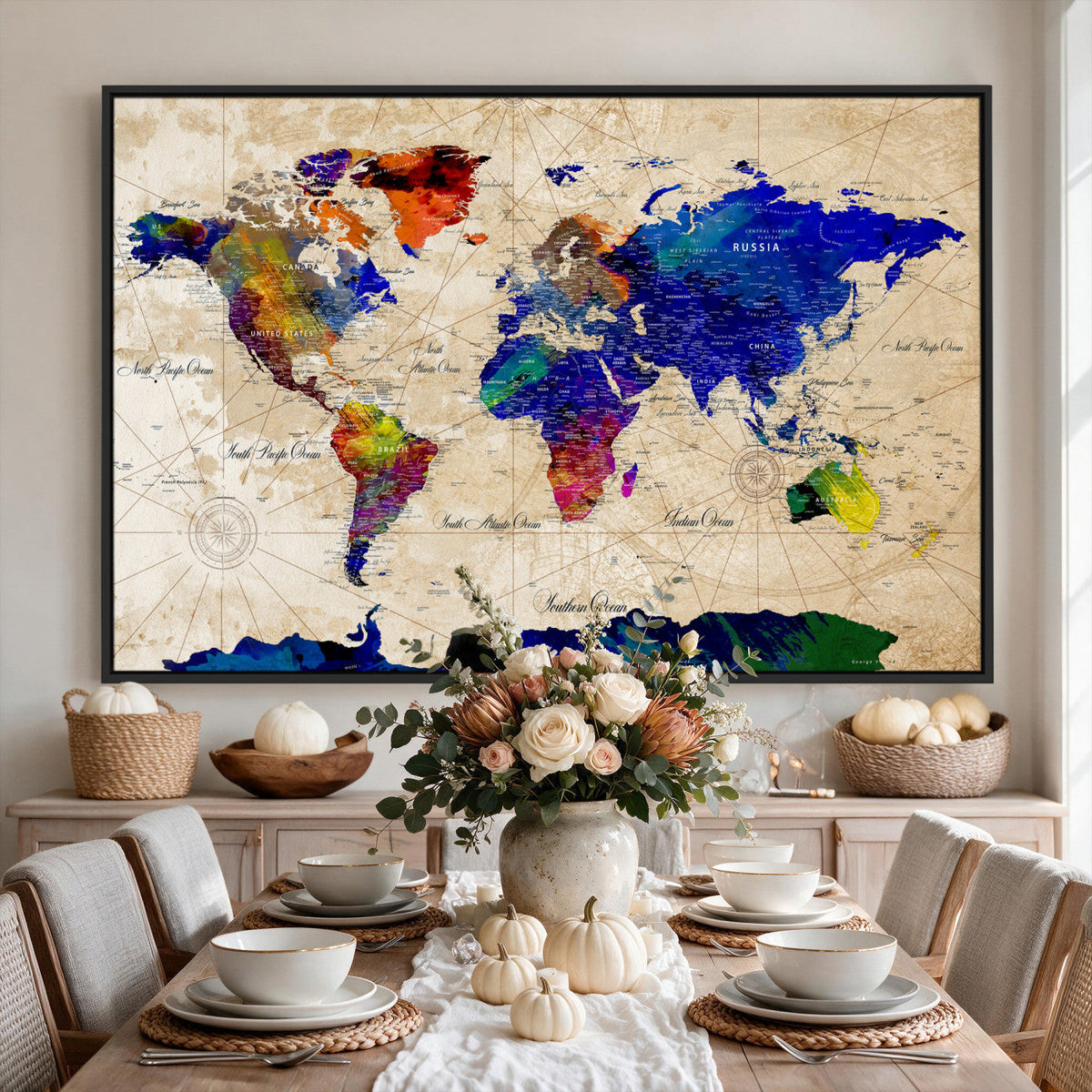 Watercolor World Map Canvas Print | Framed Wall Art for Couples