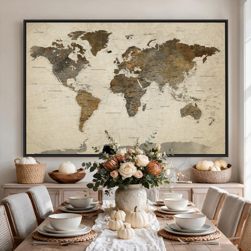 Vintage World Map Canvas Wall Art | Framed Antique Style Travel Map