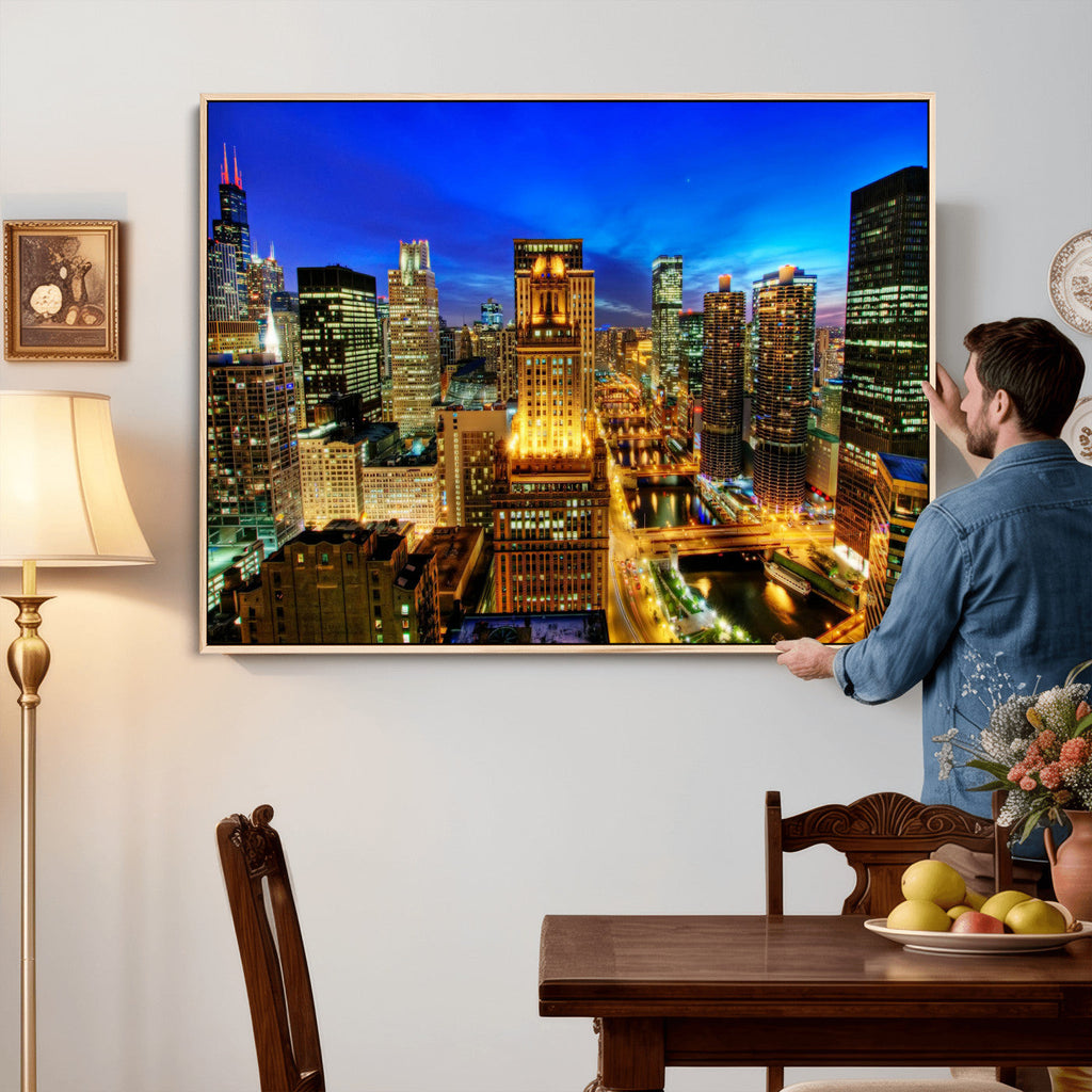 Chicago Wall Art Canvas Print - Chicago City Downtown Night Cityscape
