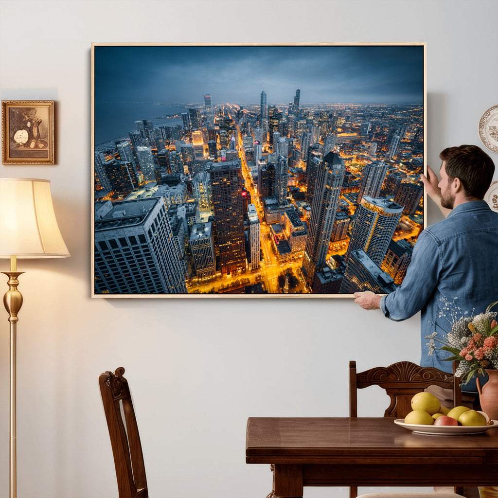 Chicago Wall Art Canvas Print - Chicago City Downtown Night Cityscape