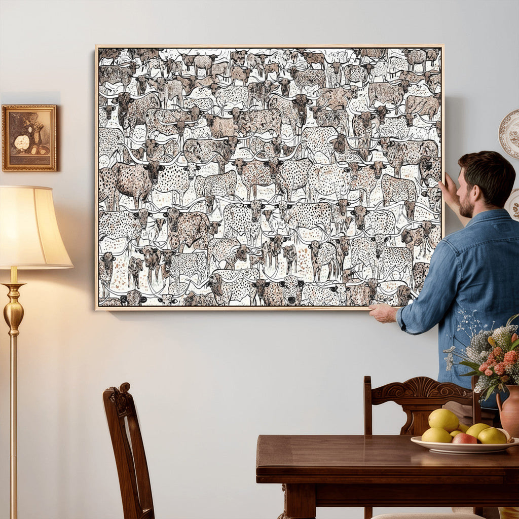 Abstract Texas Cow Wall Art Canvas Print, Farm Longhorn Art for Cabin Decor