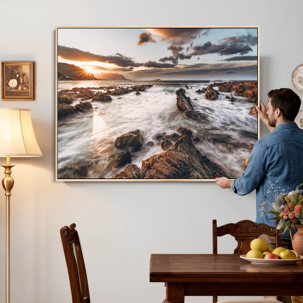 Rocky Coast Ocean Sunset Wall Art Canvas Print, Dramatic Seascape Nature Decor