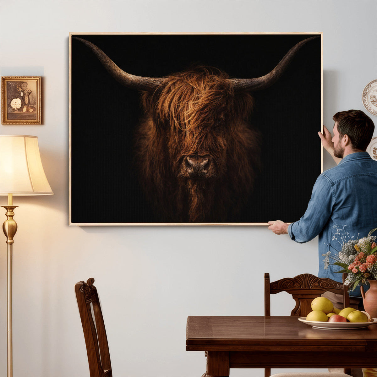 Highland Cow Wall Art Canvas Print | Moody Dark Rustic Farmhouse Portrait