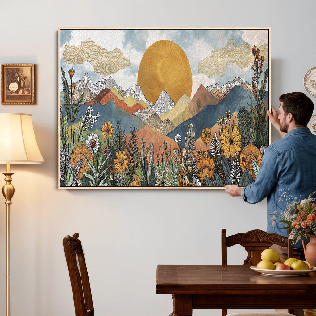 Boho Mountain Landscape Large Wall Art, Horizontal Gold Sun and Flowers Print