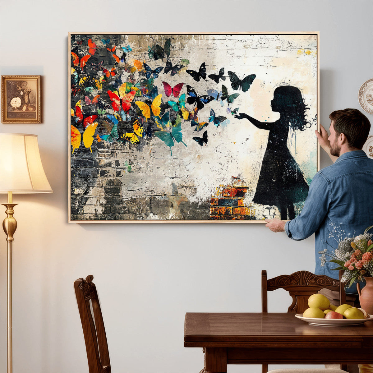 Banksy Butterfly Girl Wall Art Canvas Print, Framed Street Art