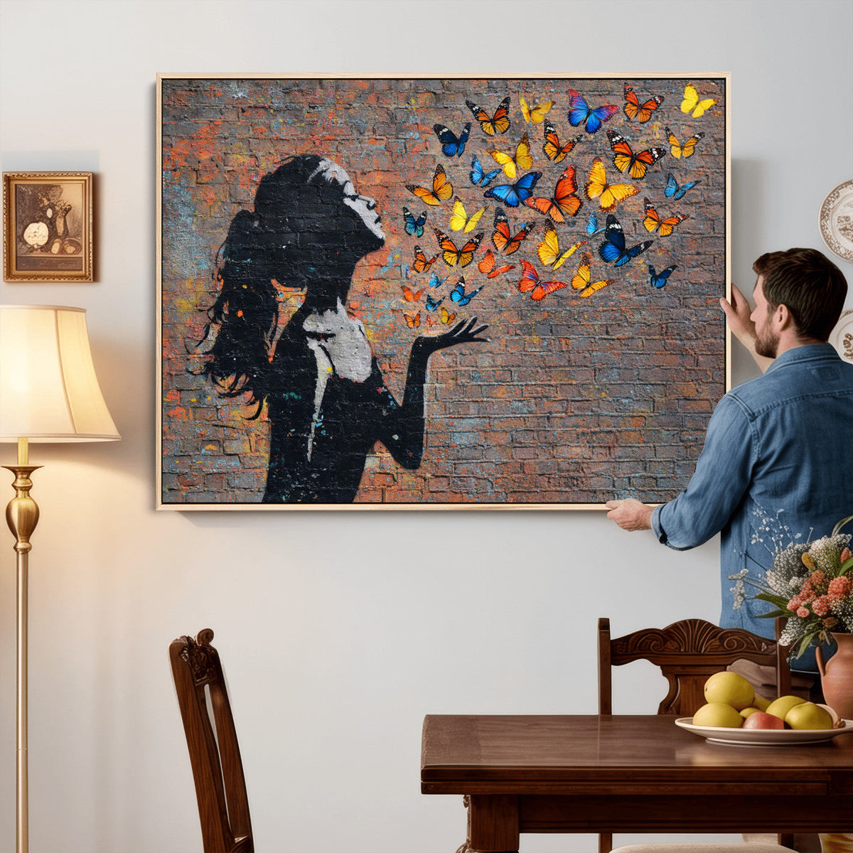 Urban Banksy Butterfly Girl Wall Art Canvas Print, Framed