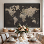 World Map Canvas Wall Art, Dark Charcoal and Antique Tan Detailed Map