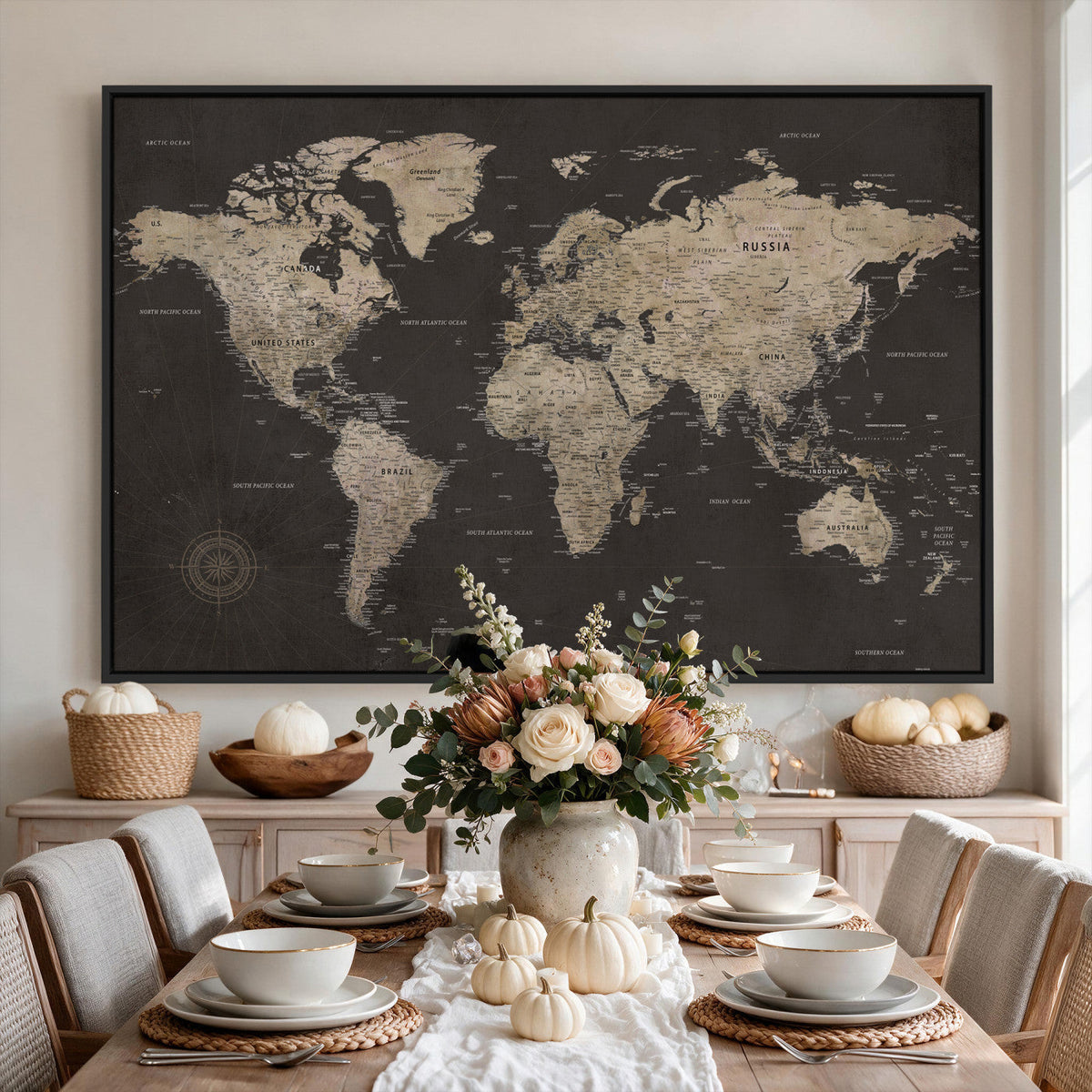 World Map Canvas Wall Art, Dark Charcoal and Antique Tan Detailed Map
