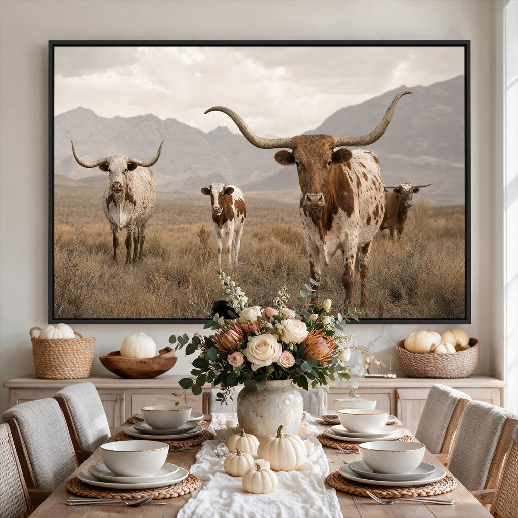 Rustic Texas Longhorn Cow Canvas Wall Art Print, Farm Animal Photography