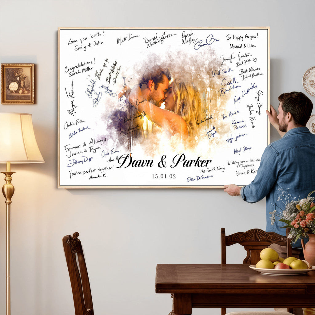 Ink Splash Wedding Guest Book Canvas, Personalized Couple Photo Sign