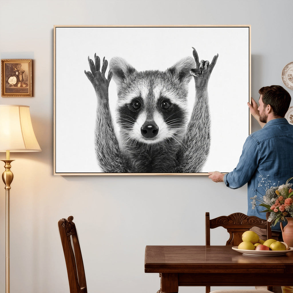 Funny Raccoon Canvas Wall Art, Black White Hands Up Animal Photo Print