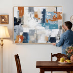 Blue Teal Abstract Canvas Wall Art, Modern Brushstroke Style Print, Navy Orange Contemporary Decor