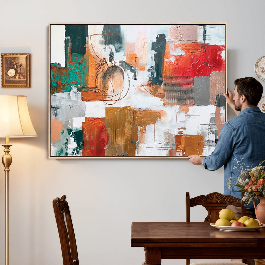 Blue Teal Abstract Canvas Wall Art, Modern Brushstroke Style Print, Navy Orange Contemporary Decor