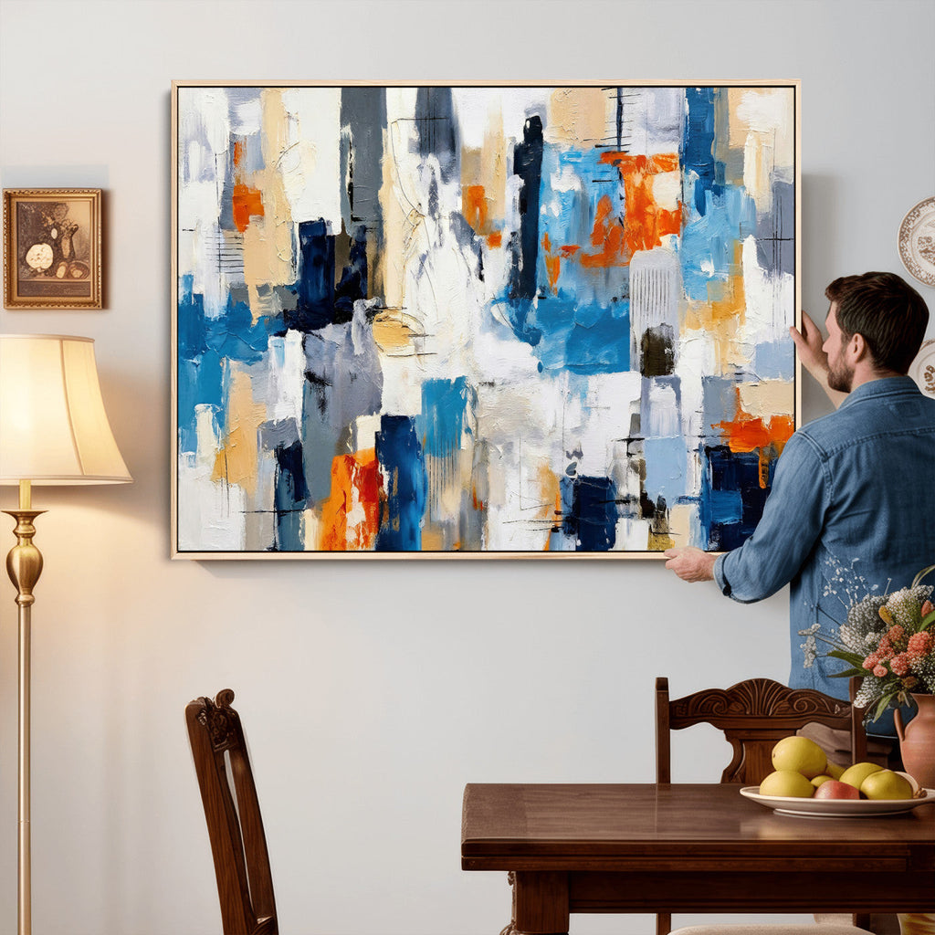 Blue Teal Abstract Canvas Wall Art, Modern Brushstroke Style Painting Print, Navy Orange Contemporary Decor