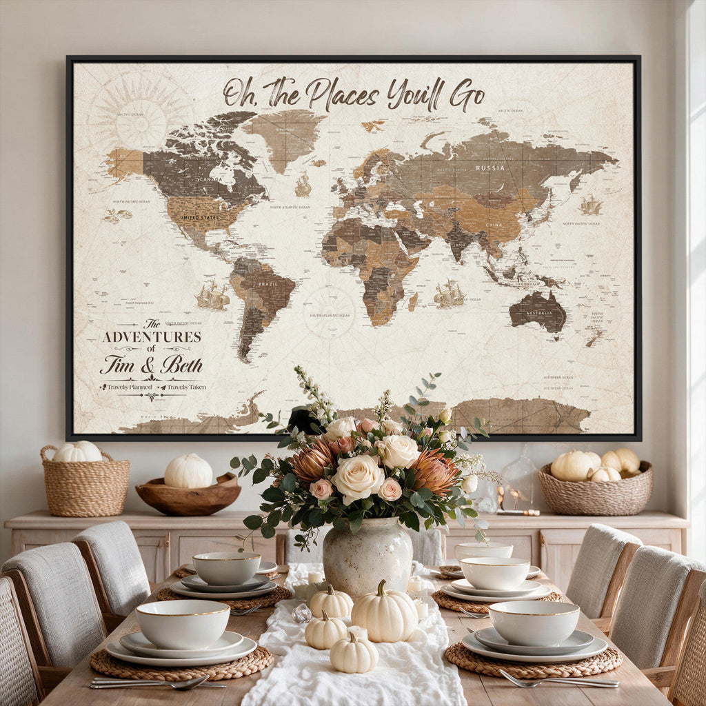 Personalized Beige Geometric Family Push Pin World Map Canvas Print, Honeymoon and Anniversary Gift, Living Room and Study Decor