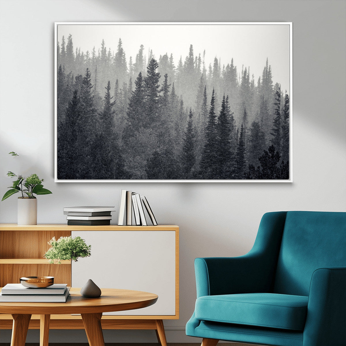 Misty Forest Canvas Wall Art | Monochrome Triptych Pine Tree Print