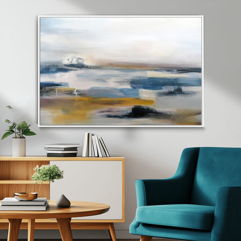 Abstract Landscape Wall Art Canvas | 3 Panel Modern Blue, Gold and White Canvas Art