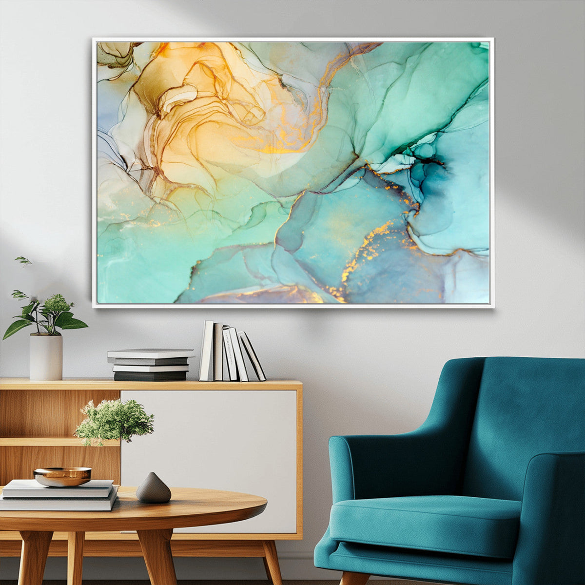Abstract Aqua and Gold Fluid Wall Art Canvas | 3 Panel Large Canvas Print