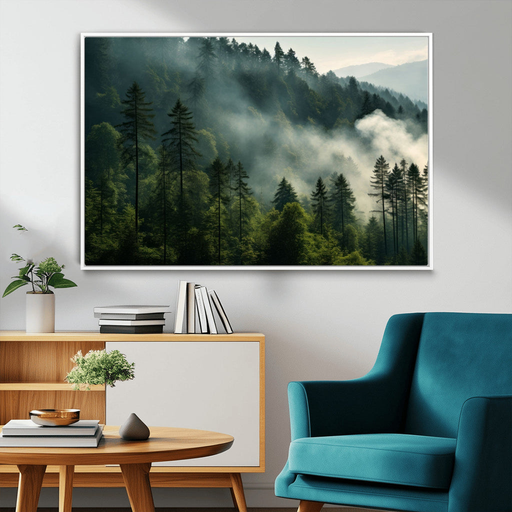 Misty Forest Wall Art Premium Canvas Print, Foggy and Serene Atmosphere