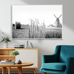Vintage Farmhouse Black and White Triptych Wall Art, Giclee Canvas with Wheat Fields, Hay Bales and Windmill