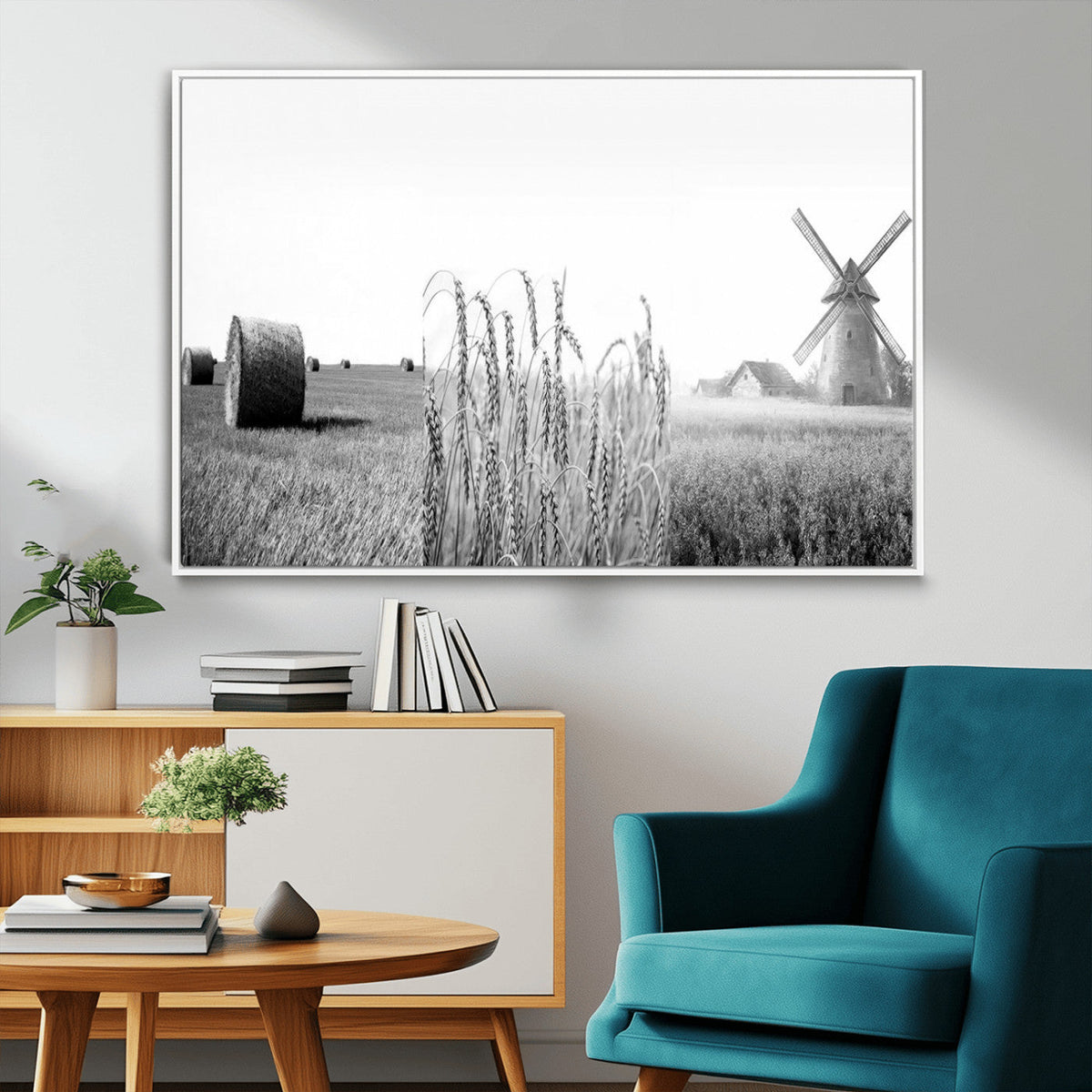 Vintage Farmhouse Black and White Triptych Wall Art, Giclee Canvas with Wheat Fields, Hay Bales and Windmill