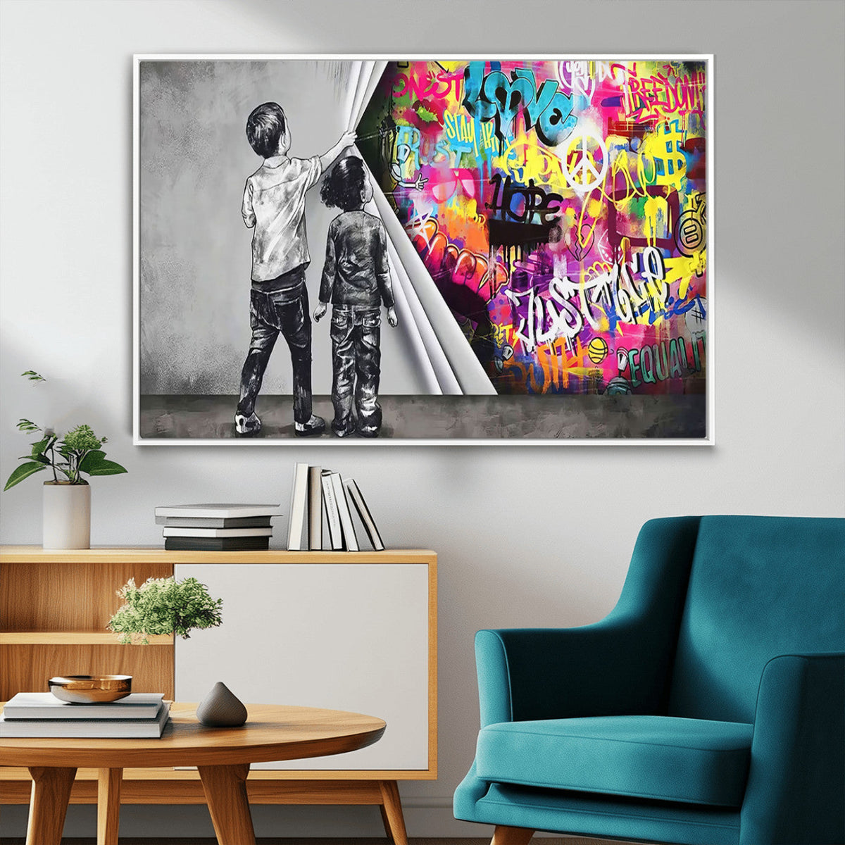Banksy Print, Street Art Canvas Wall Art, Kids Revealing Graffiti, Urban Modern Decor