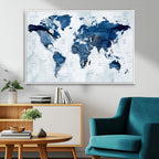 Modern Blue World Map Canvas Print | Elegant Travel Map Wall Art for Home Office