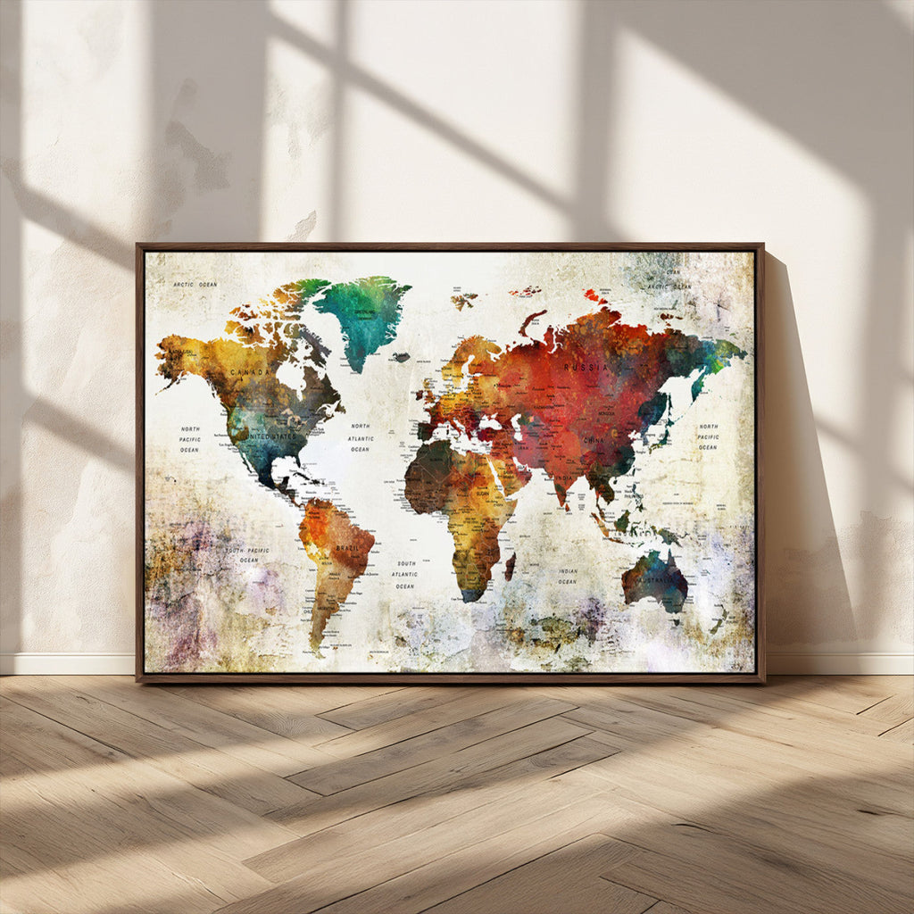 Watercolor World Map Canvas Print | Framed Travel Map Wall Art for Couples
