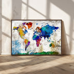 Navy Blue and Orange Watercolor World Map Canvas Print | Framed Travel Map