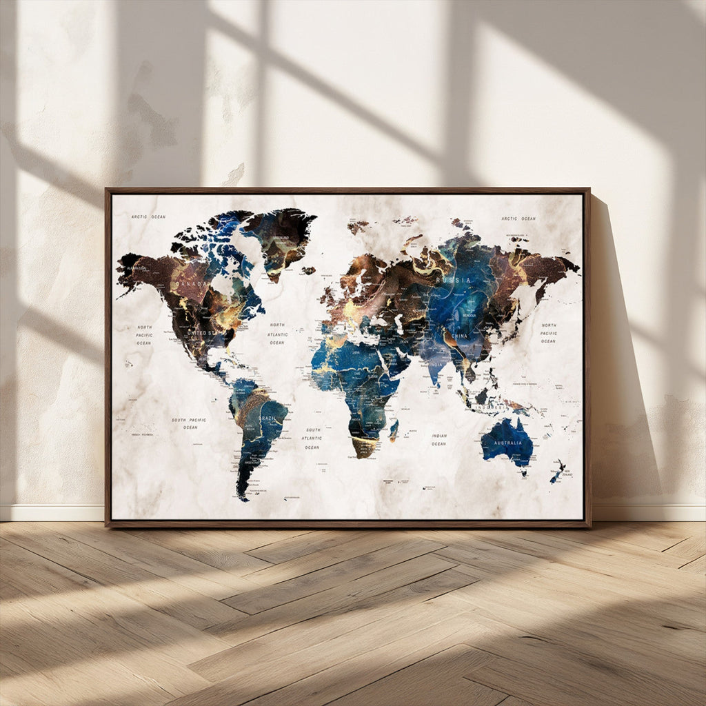 Abstract Earth Tone Blue World Map Canvas Print | Framed Travel Map Wall Art
