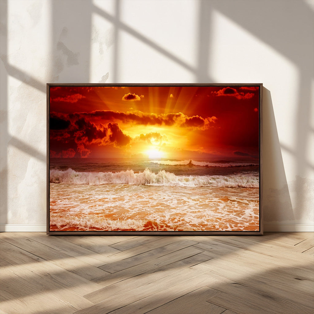 Red Sunset Ocean Beach Canvas Wall Art, Coastal Sunset Print
