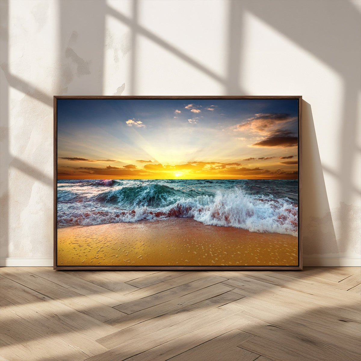 Golden Sunset Ocean Waves Wall Art Canvas Print | Multi Panel Beach Canvas Set, Coastal Triptych