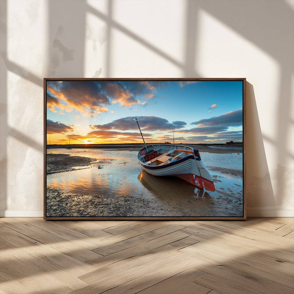 Small Boat At The Beach Sunset Wall Art, Boat Sunset Wall Art Canvas Print