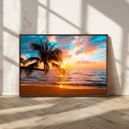 Palm Tree Sunset On The Beach Wall Art Canvas, Framed Palm Tree Sunset Canvas Print