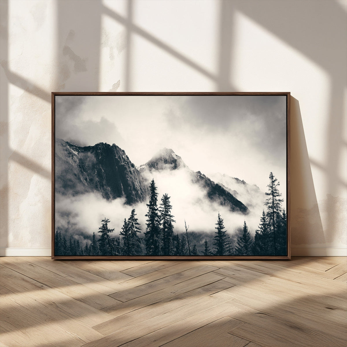 Forest Mountain Print | Black and White Canvas Wall Art with Misty Forest Design