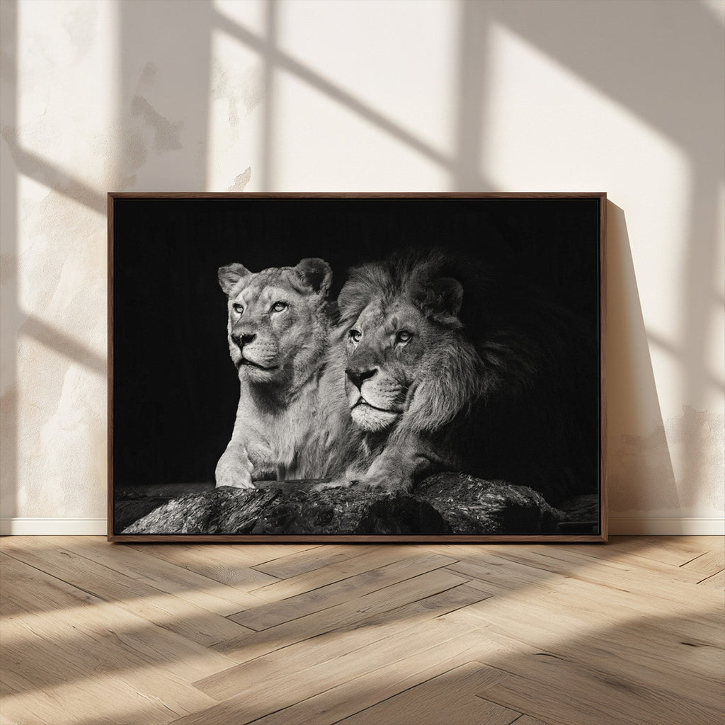 Lion Couple Wall Art Canvas Print, Elegant Black and White Wildlife Portrait