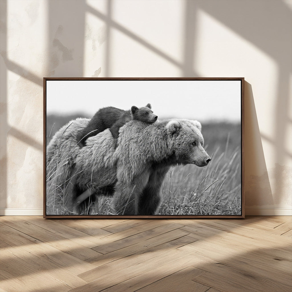 Bear and Cub Wall Art Canvas | Grizzly 399 Bear and Cub Black and White Wildlife Print